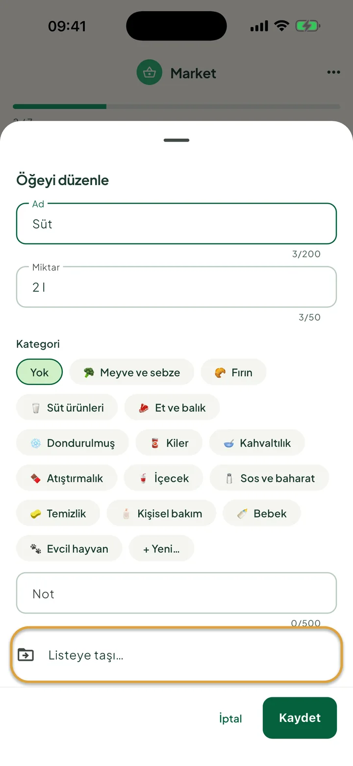 Süt için öğe düzenleme paneli. Listeye taşı… satırı daire içine alınmış.