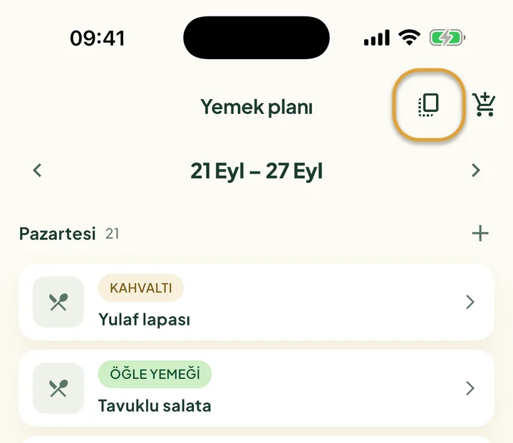 Yemek planının üst kısmı. Alışveriş sepetinin yanındaki kopyala düğmesi daire içine alınmış.
