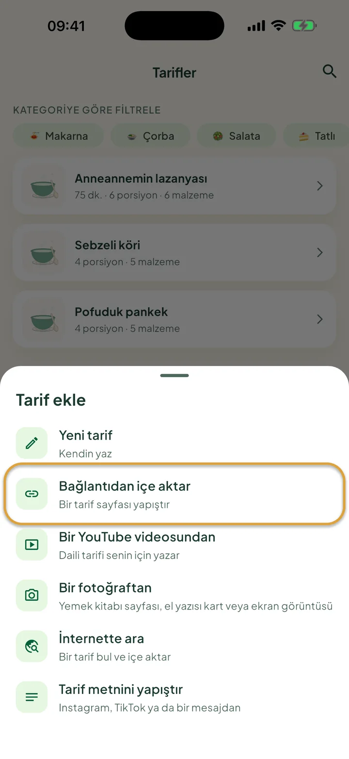+ menüsü açık Tarifler ekranı. Bağlantıdan içe aktar daire içine alınmış.