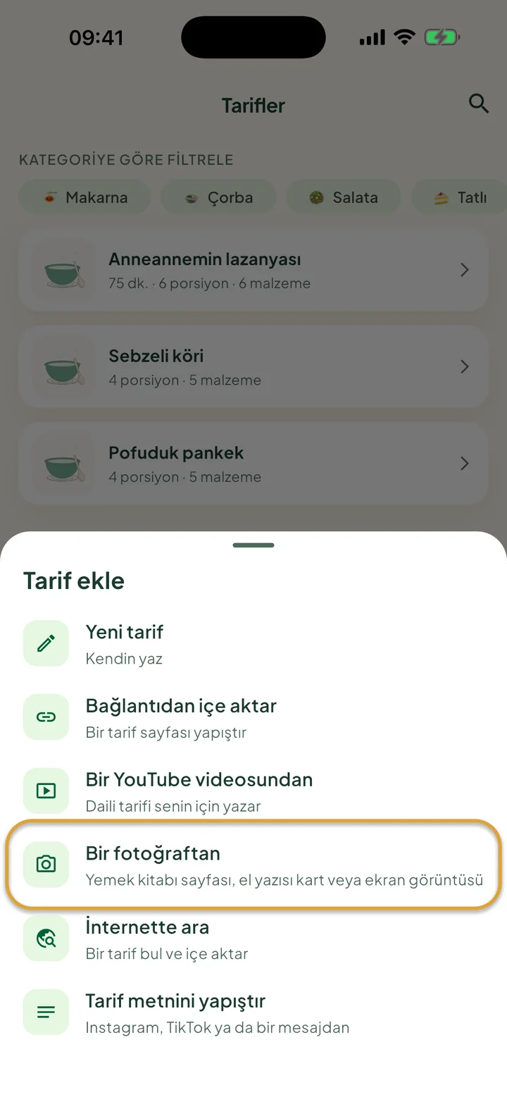 + menüsü açık Tarifler ekranı. Bir fotoğraftan daire içine alınmış.