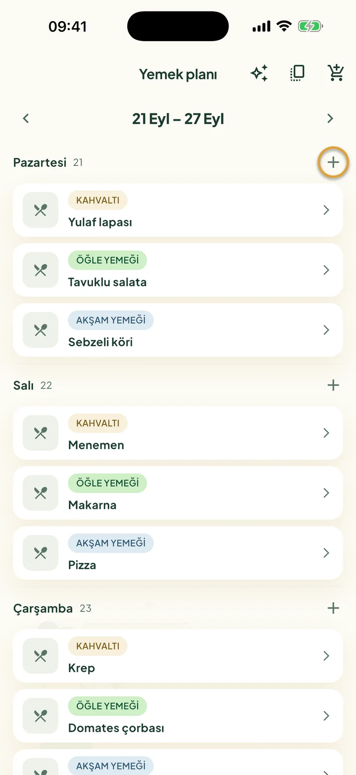 Bir haftanın yemek planı. Pazartesinin yanındaki + daire içine alınmış.