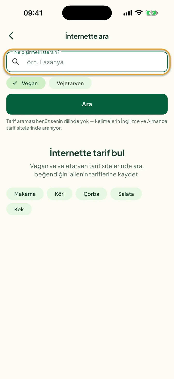 İnternette ara ekranı. Ne pişirmek istersin? alanı daire içine alınmış.