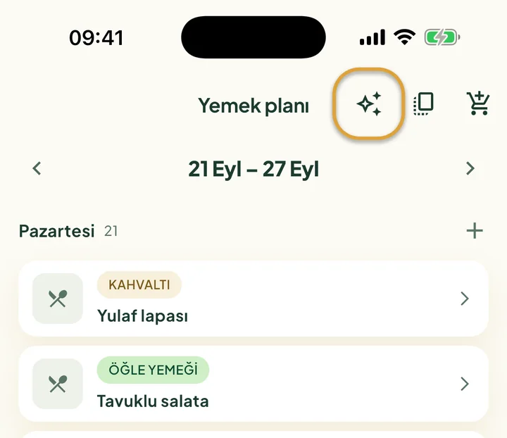 Yemek planının üst kısmı. Kopyala düğmesinin yanındaki pırıltı düğmesi daire içine alınmış.