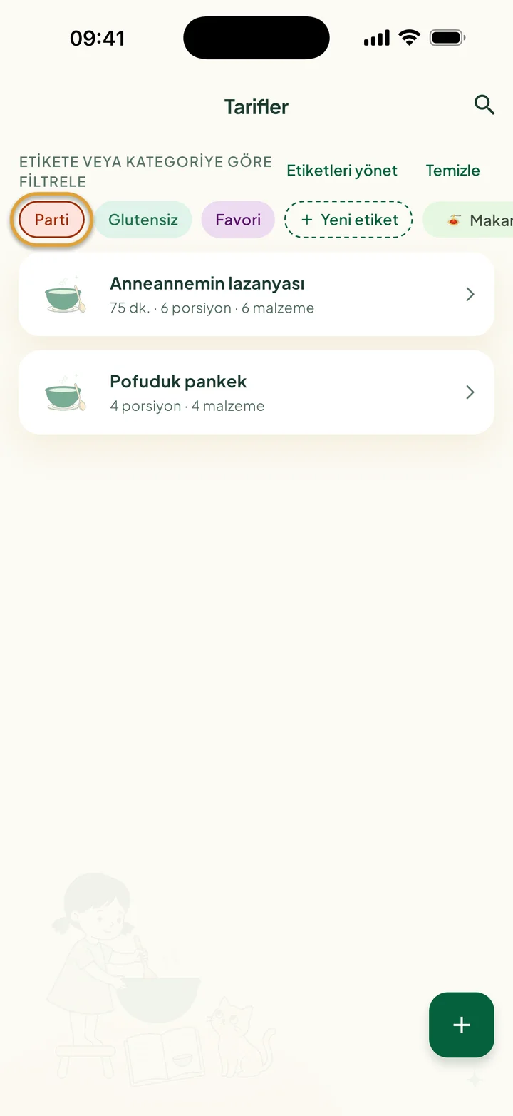 Parti seçili filtre satırı. Yalnızca Anneannemin lazanyası ve Pofuduk pankek görünüyor.