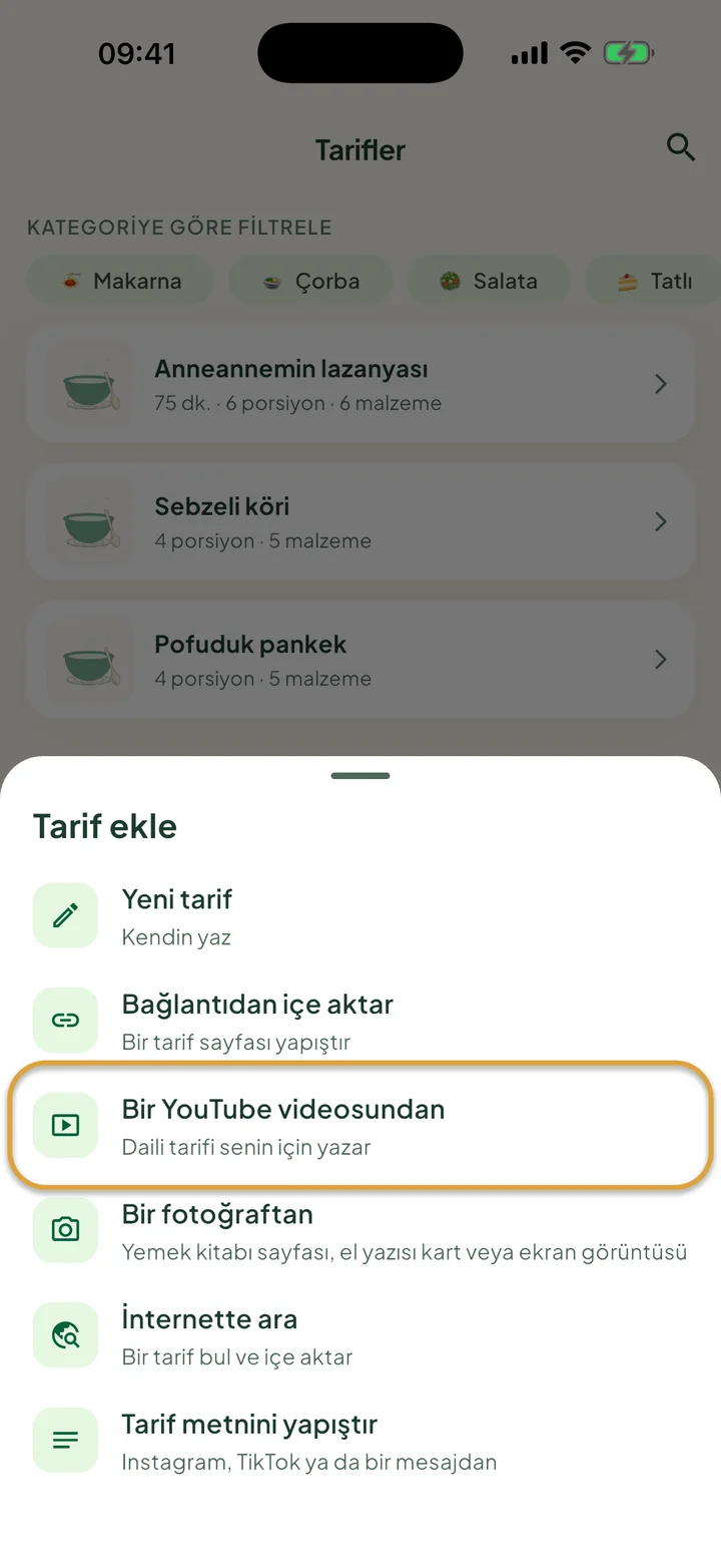 + menüsü açık Tarifler ekranı. Bir YouTube videosundan daire içine alınmış.
