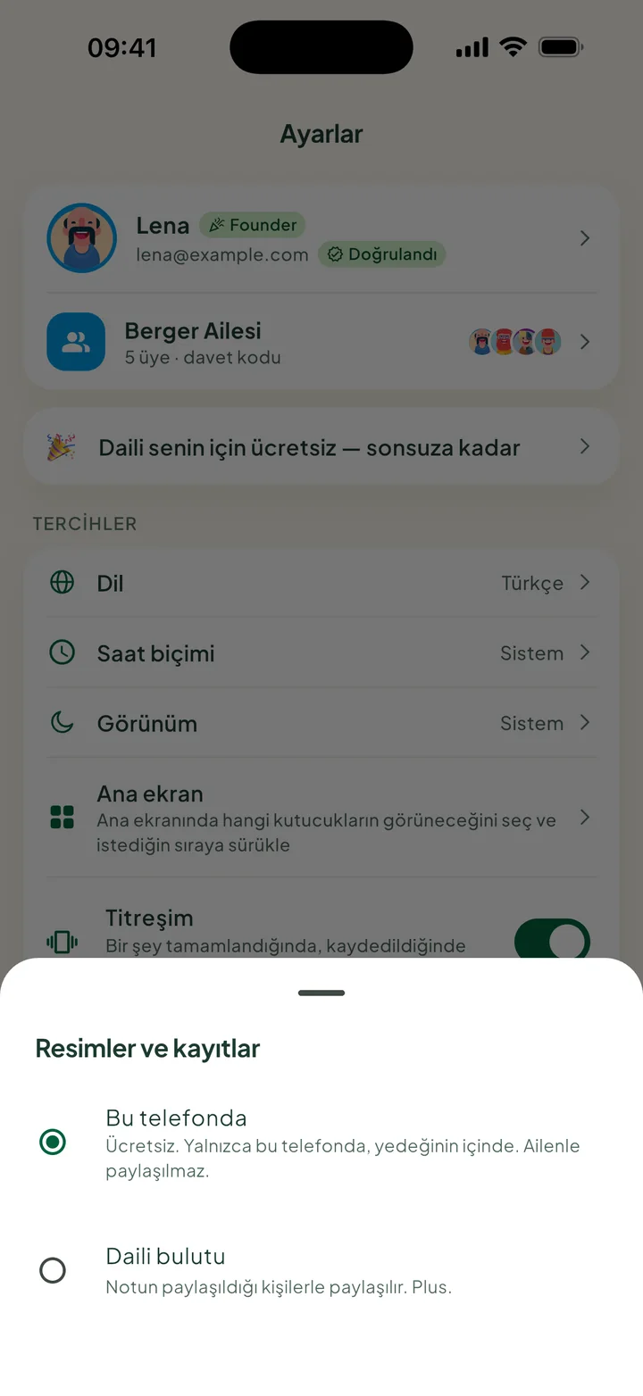 Resimler ve kayıtlar; Bu telefonda seçili, altında Daili bulutu.
