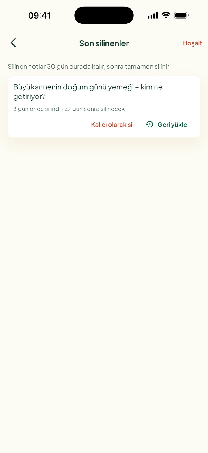 Son silinenler. 27 gün sonra silinecek bir not, Kalıcı olarak sil ve Geri yükle düğmeleriyle.