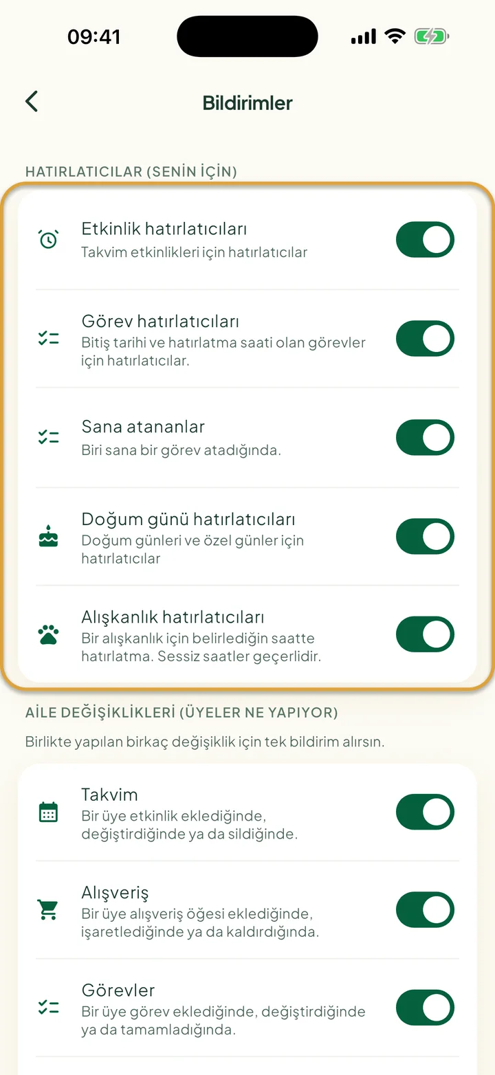 Bildirimler ekranı. Beş anahtarıyla Hatırlatıcılar (senin için) grubu daire içine alınmış.