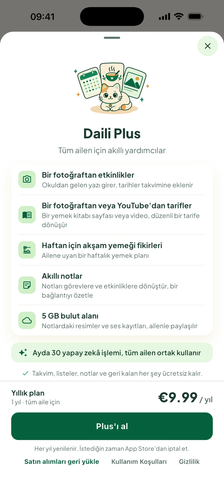 Daili Plus paneli: neler aldığın, yıllık fiyat ve Plus'ı al düğmesi.