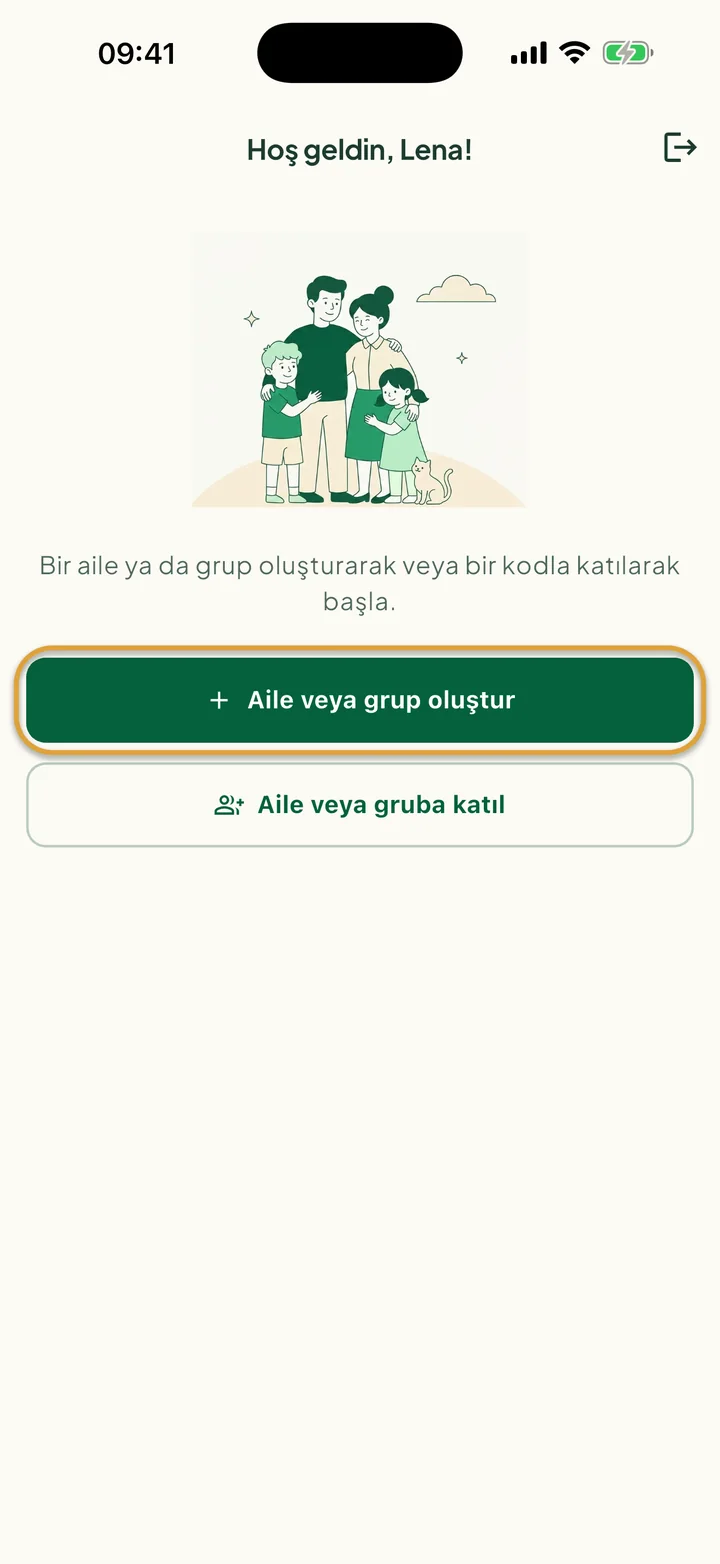 Yeni kullanıcılar için karşılama ekranı. Aile veya grup oluştur düğmesi daire içine alınmış.