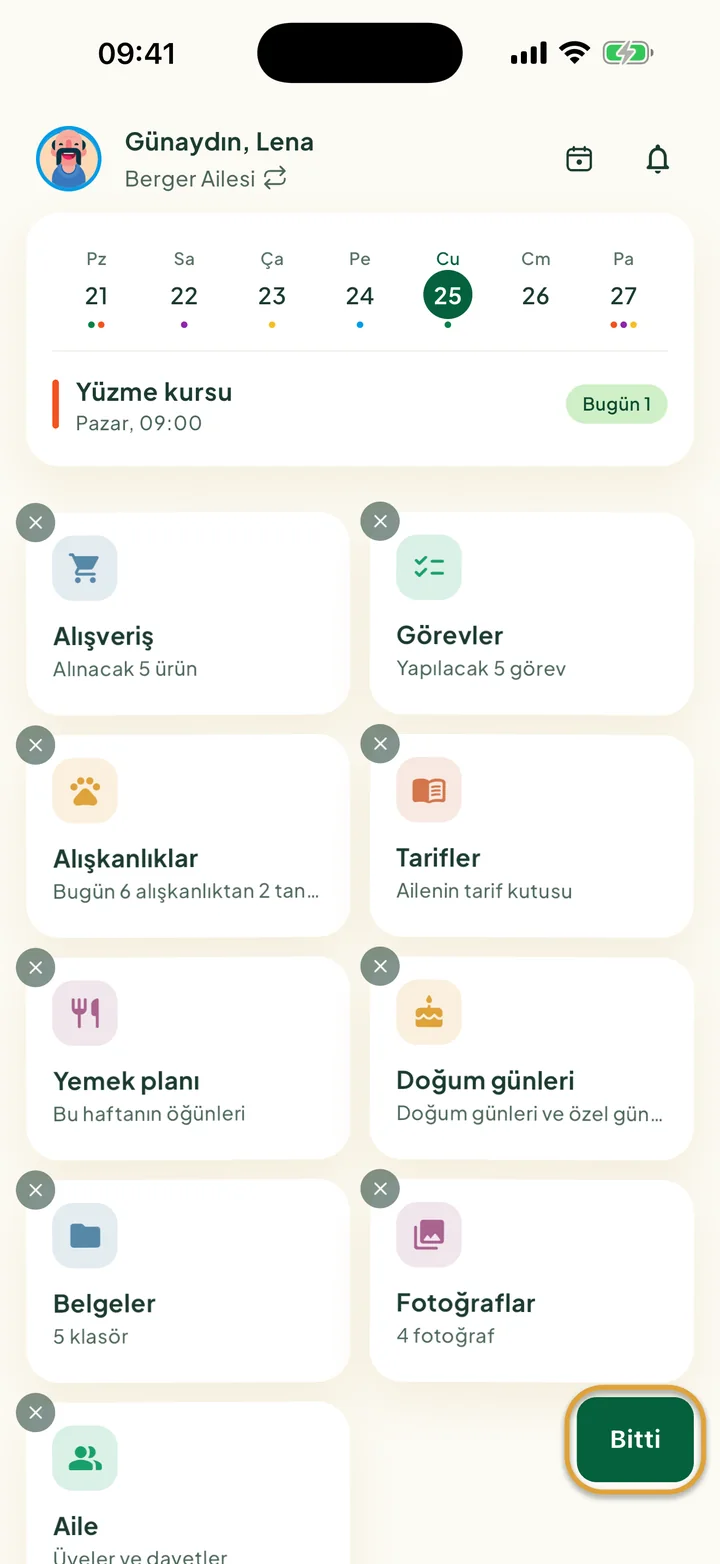 Düzenleme modundaki ana ekran, her kutucukta bir × var. Sağ alttaki Bitti düğmesi daire içine alınmış.