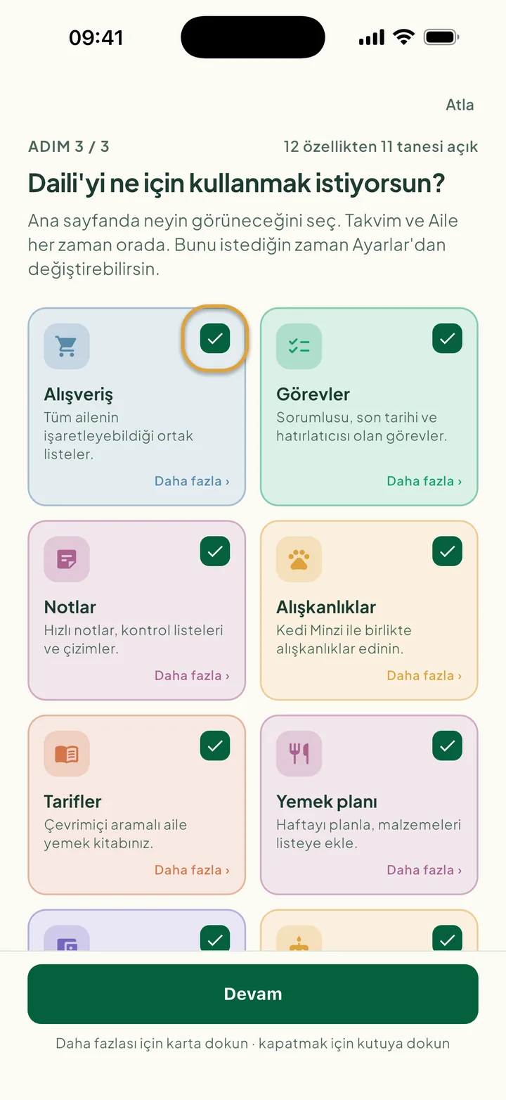 Özellik kartları. Alışveriş kartındaki kutu daire içine alınmış.
