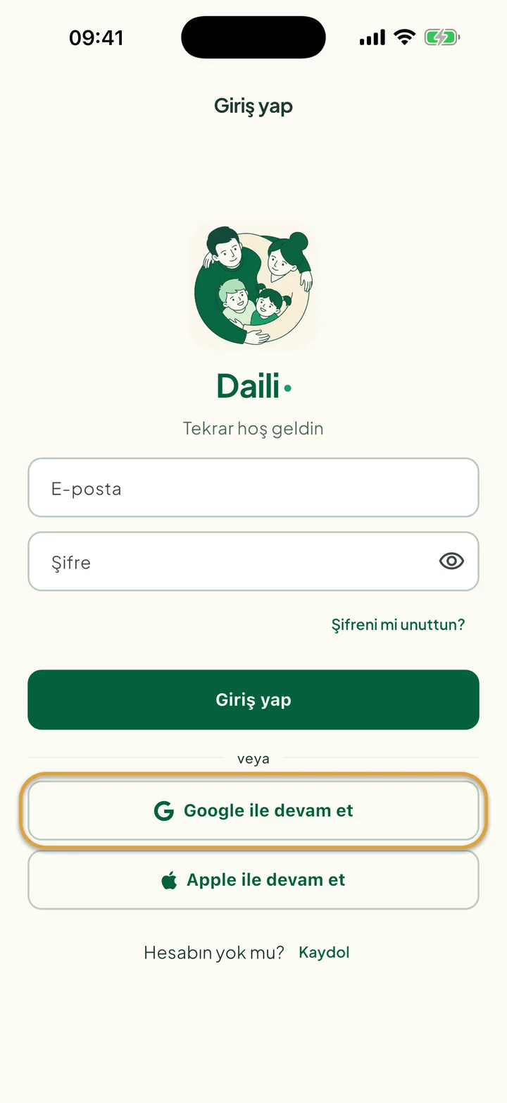 Giriş yap ekranı. Google ile devam et düğmesi daire içine alınmış.