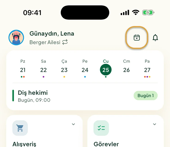 Ana ekranın üst kısmı. Zilin yanındaki Bugün düğmesi daire içine alınmış.