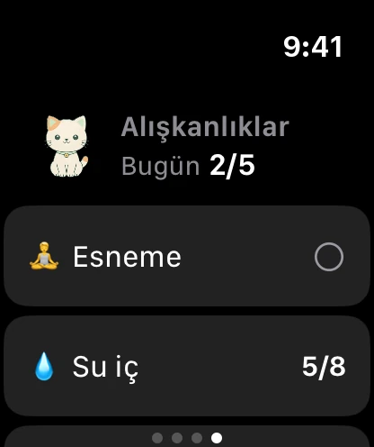 Saatte Alışkanlıklar sayfası: Minzi, bugün 5'te 2 tamam ve ilk alışkanlıklar.