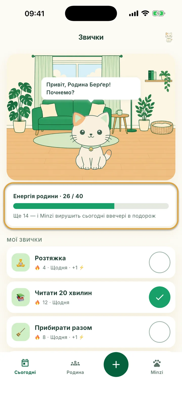 Екран Звички з Minzi в її кімнаті. Шкалу Енергія родини обведено.