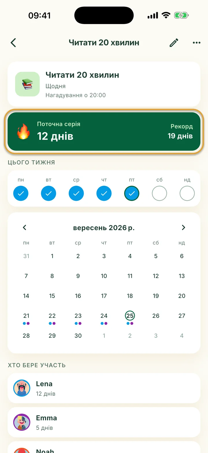 Сторінка звички з позначками цього тижня і календарем. Картку Поточна серія обведено.