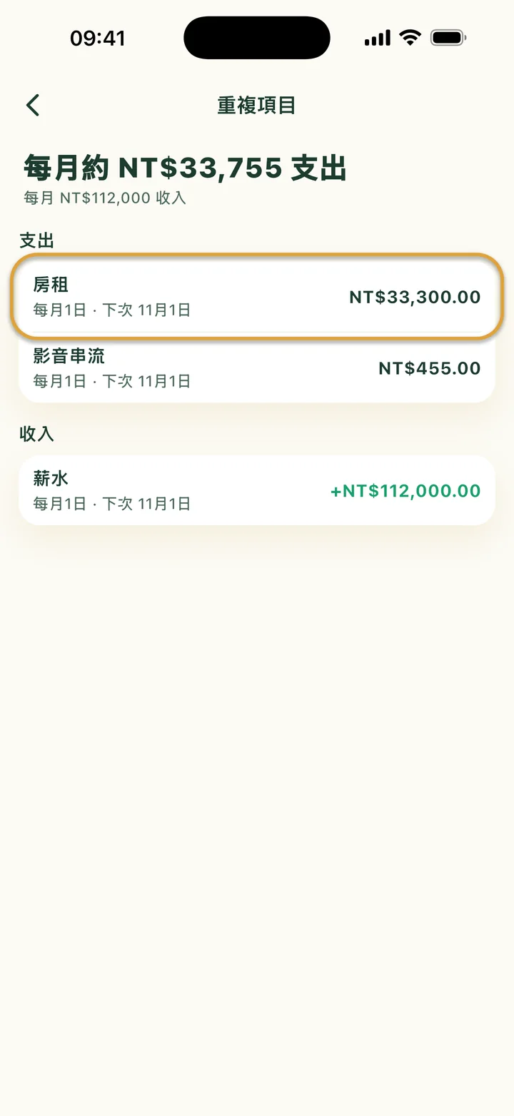 重複項目畫面：每月約支出 NT$33,755，收入 NT$112,000。房租被圈起來。