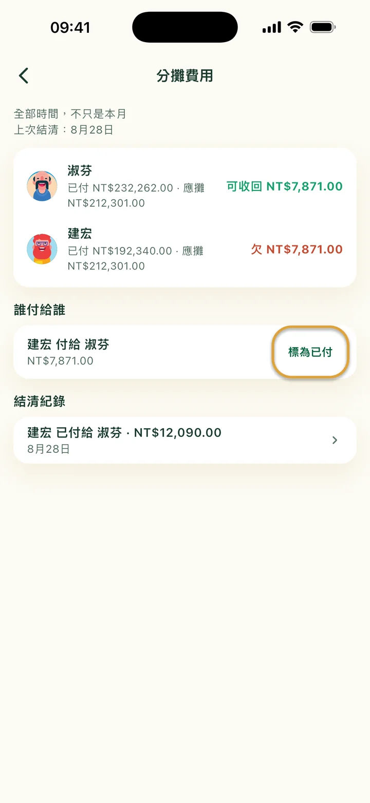 分攤費用畫面。建宏付給淑芬 NT$7,871.00。「標為已付」按鈕被圈起來。