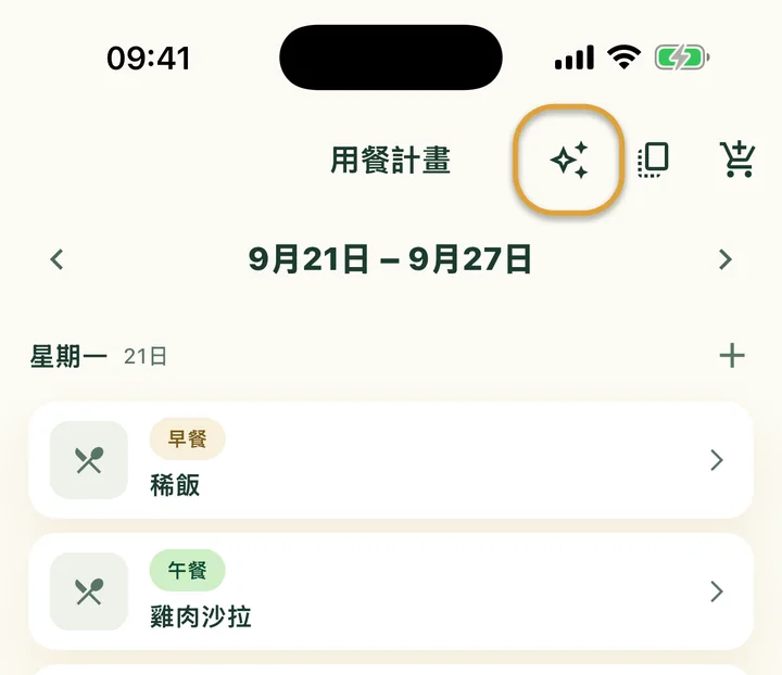 「用餐計畫」頂部。複製按鈕旁的閃光按鈕被圈起來。